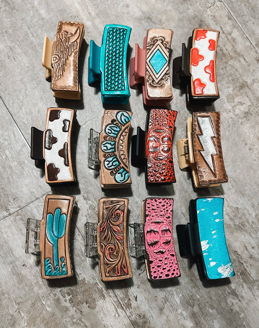Leather Tooled Hair Clips