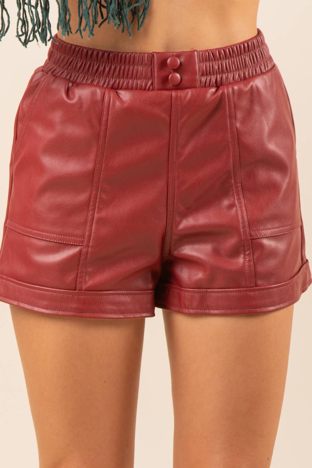 Red Faux Leather Casual Shorts