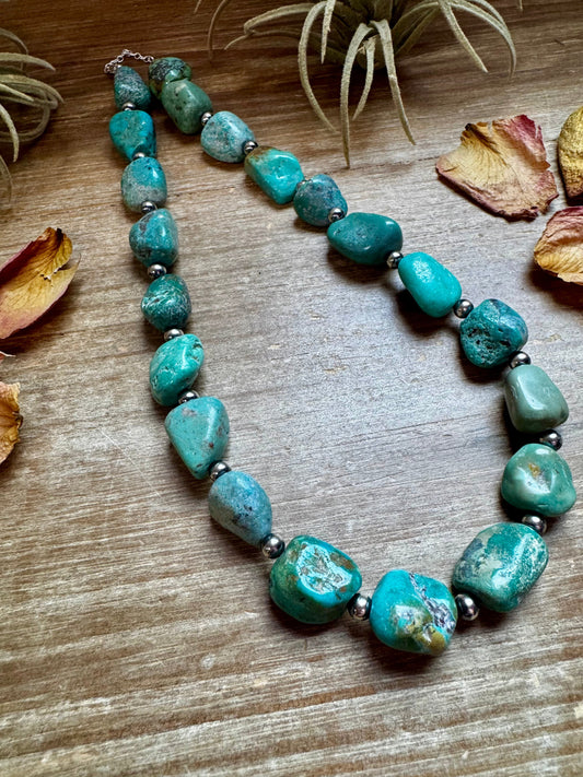 19-Inch Turquoise Nugget Necklace with 4mm Sterling Silver Pearls